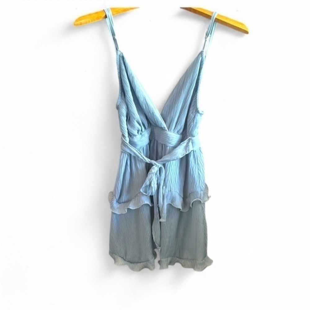 Iris Pale Sky Blue Textured Ruffled Mini Sleeveless Dress Ties at the Waist SML